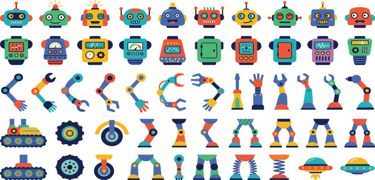 Colorful robot construction kit vector set featuring friendly heads torsos mechanical arms legs and wheels for creative character design and educational toy projects,