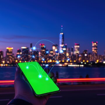 Hand holding smartphone with glowing network connection lines over a blurred city skyline at night for telecommunications, global innovation and mobile app marketing