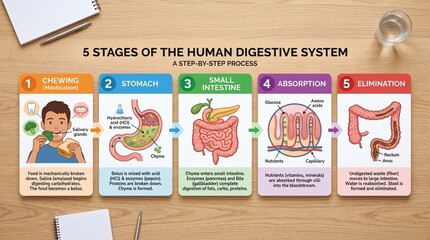 Obraz premium Illustrated guide to the five stages of the human digestive system 