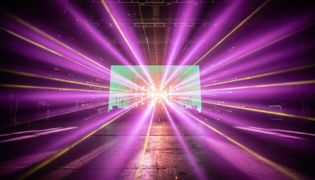 Vivid purple and yellow spotlight rays projecting from a concert stage for entertainment branding, event advertising and music festival promotion backgrounds
