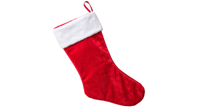 Red Christmas stocking hanging without decorations in a simple setting ready for gifts and surprises during the holiday season isolated on transparent background cut out