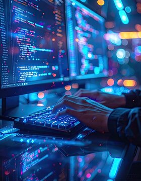A close-up shot depicts a person's hands typing on a computer keyboard with lines of code displayed on the screen, illuminated by a vibrant blue and pink bokeh background.