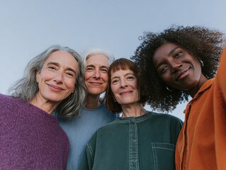 Obraz premium Four multiracial senior women smiling together outdoors for senior living advertisements, retirement community brochures and wellness lifestyle marketing campaigns