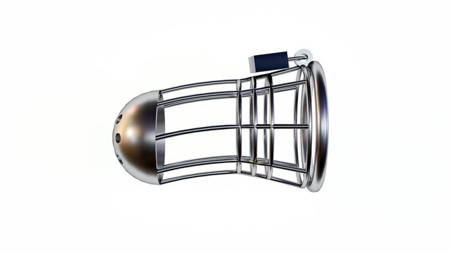 3d render of a metal cage-style male chastity device with a small padlock. the design features polished silver bars and a rounded tip.