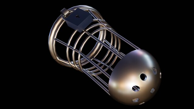3d render of a metal cage-style male chastity device with a small padlock. the design features polished silver bars and a rounded tip.