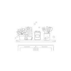 Naklejka premium Kitchen shelf outline drawing with potted plants and cooking utensils
