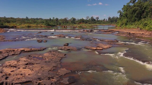 Aerial Drone Footage Tad Sepa Waterfall Cascading Rocky Ledge Tropical Jungle River Attapeu Southern Laos