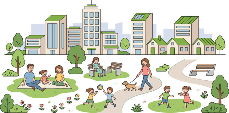 Happy family and people enjoying outdoor activities in a sunny city park with modern eco friendly buildings green trees and urban landscape,