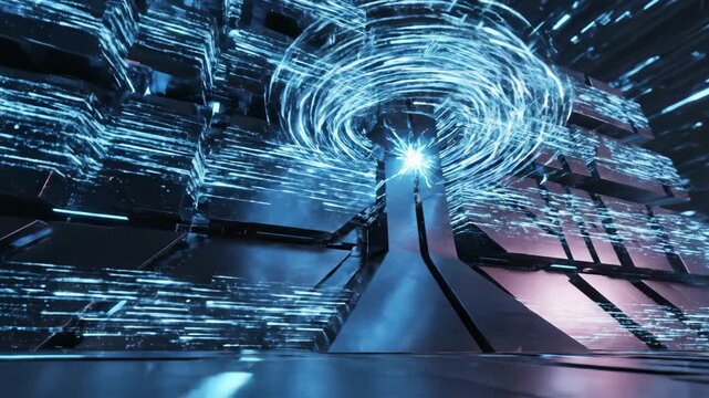 A futuristic computer chip with glowing blue circuits and wires