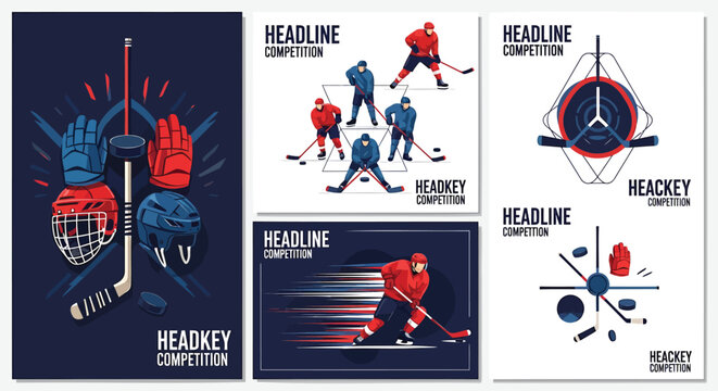 Hockey, sports, competition, template, set, 4 posters, ice hockey, vector graphics