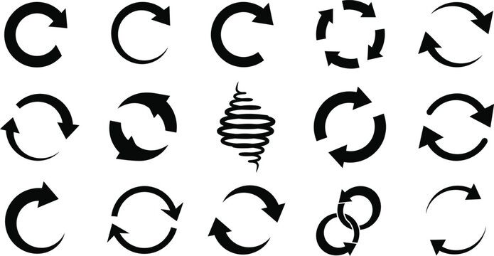 Black arrow loops and circular icons set isolated on white background, Vector