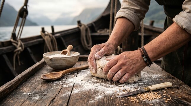 Hands kneading dough on wooden boat deck at sea