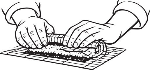 Black and white hand drawn line art of sushi chef hands rolling maki sushi on bamboo mat. Minimal clean illustration isolated on transparent background for menu, logo, packaging, design. © Natallia Leanovich