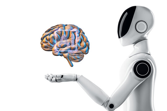 Humanoid robot presenting digital brain in futuristic style on white background showing artificial intelligence 3D Rendering