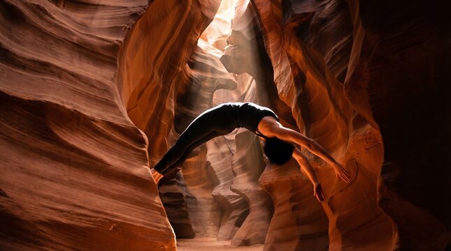 Dramatic side view of wheel pose yoga illuminated by light beam in slot canyon.