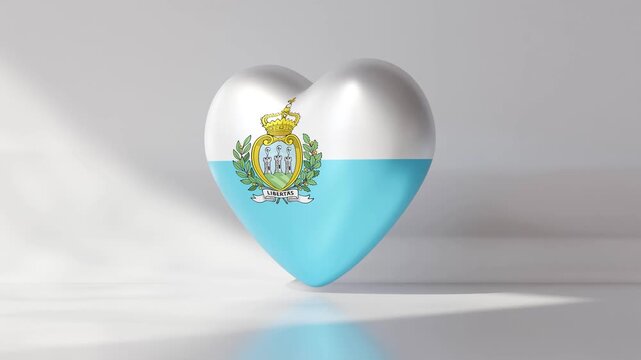 This animation features a heart shaped object with the national flag of San Marino. The heart rotates seamlessly in a 3D format, illustrating national pride and identity