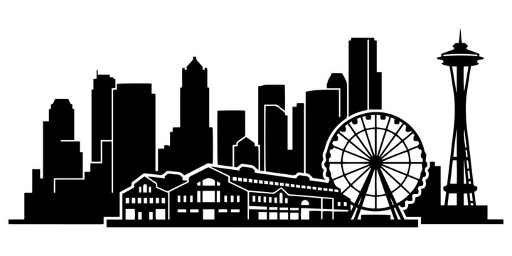 Seattle Skyline Silhouette with The Great Wheel and Pier 57 Landmark Vector Illustration