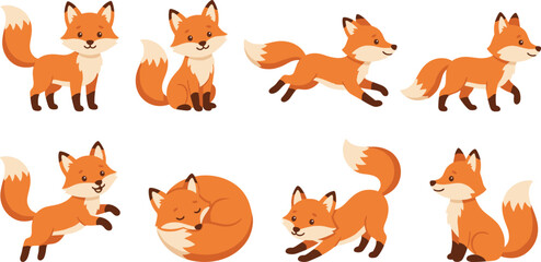 Naklejka premium Cute red fox character vector set featuring adorable woodland animals in different poses including running jumping sleeping and sitting for nursery school books and children graphic design,