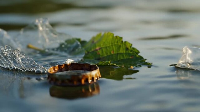 Rusty bottle cap and plastic debris floating on rippling water surface, environmental pollution concept