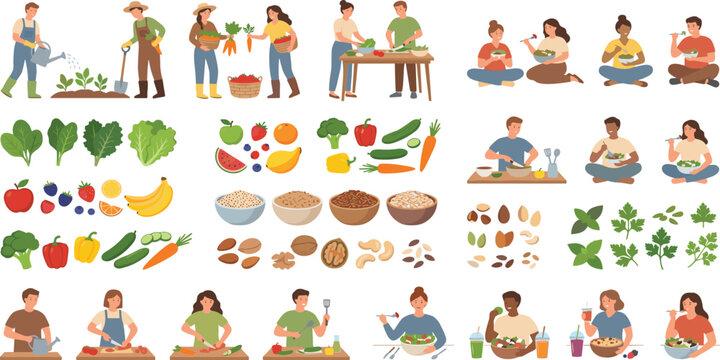 Healthy lifestyle vector set featuring people gardening harvesting cooking and eating organic vegetables fruits grains and nuts for nutrition wellness and balanced diet design.