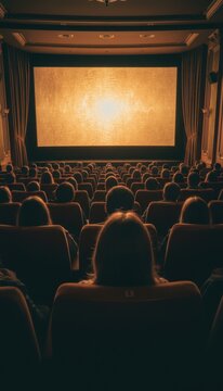 A large glowing golden cinema screen facing an audience in a dark theater hall for film festival promotion, entertainment industry marketing and movie event advertising