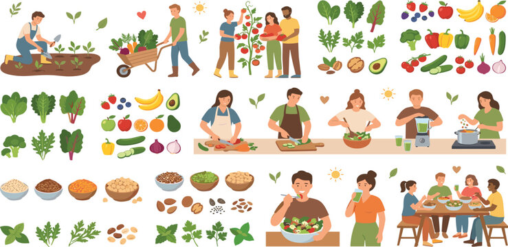 Healthy lifestyle vector set with people gardening harvesting farming cooking and eating organic vegetables fruits and grains for balanced diet nutrition and wellness design.