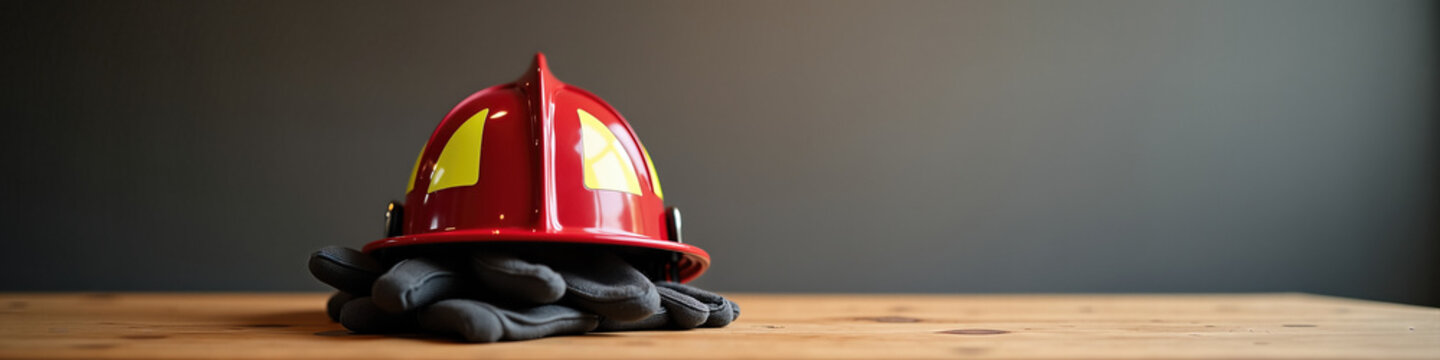 Deep red firefighter helmet with yellow markings resting on dark protective gloves. First responder gear on a wooden surface against a dark gray background