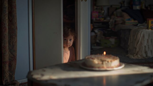 Child peeking around door at birthday cake