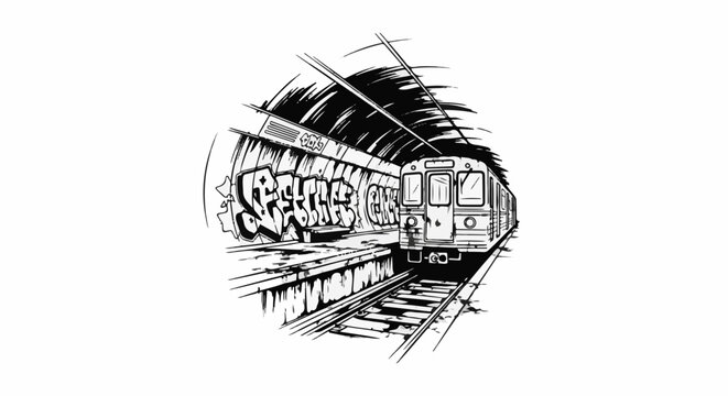 A black and white illustration of a subway train at a graffiti-covered station