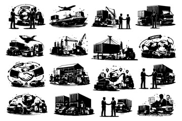 Fototapeta premium International trade and logistics illustrations with diverse business scenarios.