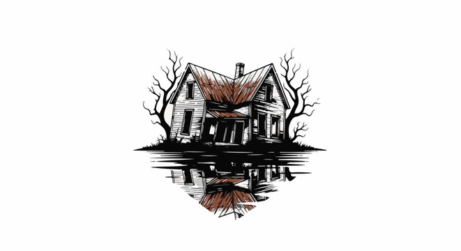 A dilapidated house stands amidst bare trees reflected in water