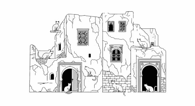 Whimsical sketch of cats inhabiting a crumbling, ancient structure