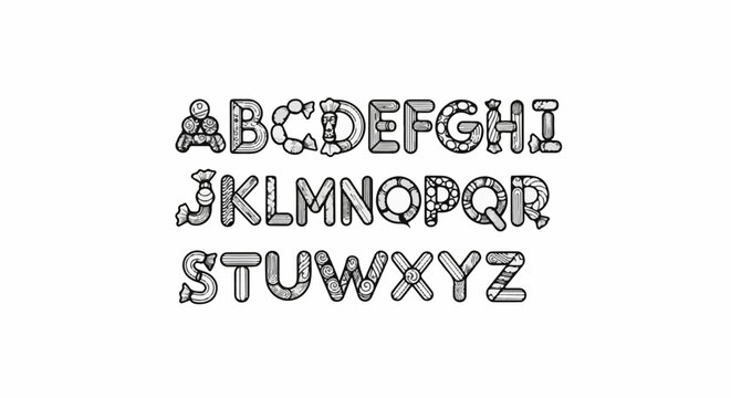 Whimsical alphabet letters designed to look like confectionery and candies