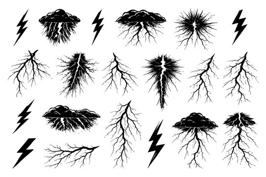 Black and white lightning bolt and thundercloud vector icons set.