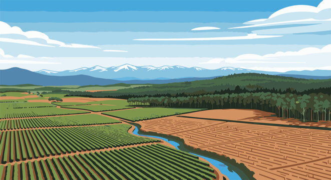 Verdant farmlands stretch towards distant snow-capped mountains under a bright sky