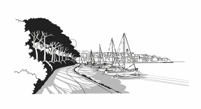 A sketched seaside village with sailboats docked and a tree-lined path