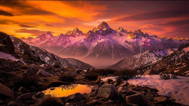 Breathtaking time lapse of snow capped mountains glowing under vivid fiery sky at sunset