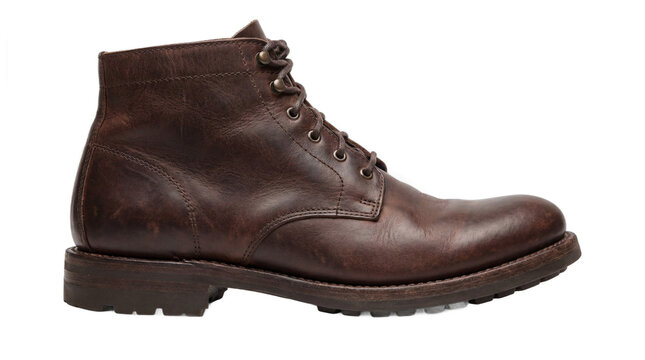 Classic Dark Brown Leather Men's Lace-up Ankle Boot with Rugged Lug Sole, Side View Profile Isolated on White, Vintage Style Footwear for Men