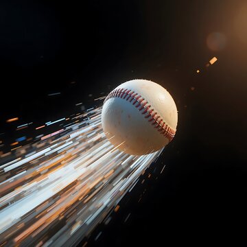 Fast baseball flying through the air with motion blur effect against a dark black background. basball