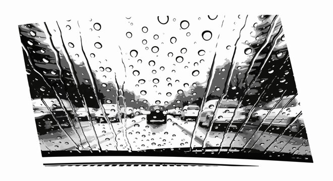 View from inside car through rainy windshield on busy highway
