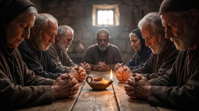 Biblical group of disciples praying together around a wooden table with an oil lamp in a rustic ancient stone room