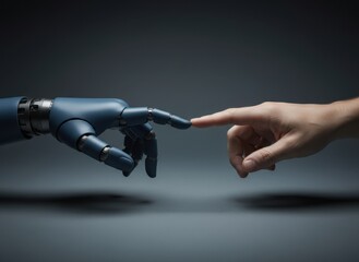 Naklejka premium Robotic hand and human finger touching at fingertips for artificial intelligence, machine learning and future technology collaboration with copy space on a dark background