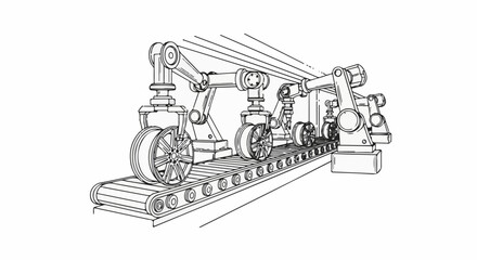 Obraz premium Automated assembly line with robotic arms attaching wheels to a conveyor belt