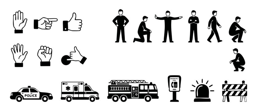 Emergency Services Icon Set: People Gestures, Police Car, Ambulance, Fire Truck and Safety Signals for Public Security Design Infographics and Warning Communication Visuals in Minimalist Flat Vector S