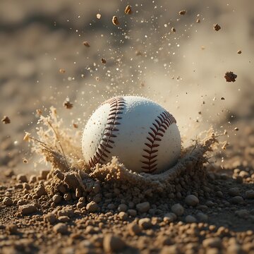 Baseball ball hitting the dirt ground with dust and particles flying in the air during a game. basball