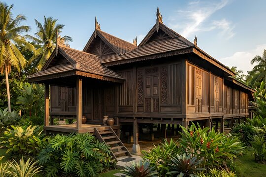 Rumah Limas Johor 3/4 Angle View Surrounded by Lush Tropical Garden