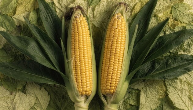 Two fresh ears of corn with green husks lying on a bed of leaves, overhead flat lay for organic food market promotion, healthy eating concept and harvest theme