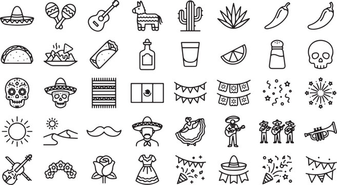 Mexican fiesta icon set featuring sombrero, maracas, tacos, tequila, mariachi, decorations, and cultural celebration outline vector symbols