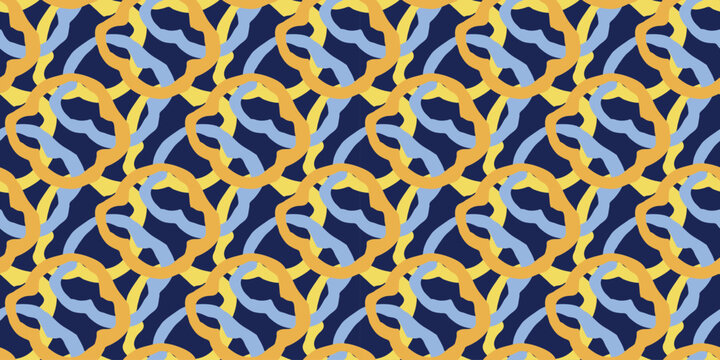 Abstract seamless pattern with stylized outlines in yellow and blue. Intricate geometric ornament for modern kitchenware, artistic textiles, and creative food branding