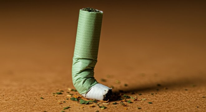 Single green cigarette butt crushed on a brown surface with scattered tobacco debris for smoking cessation campaigns, health awareness and addiction recovery messaging